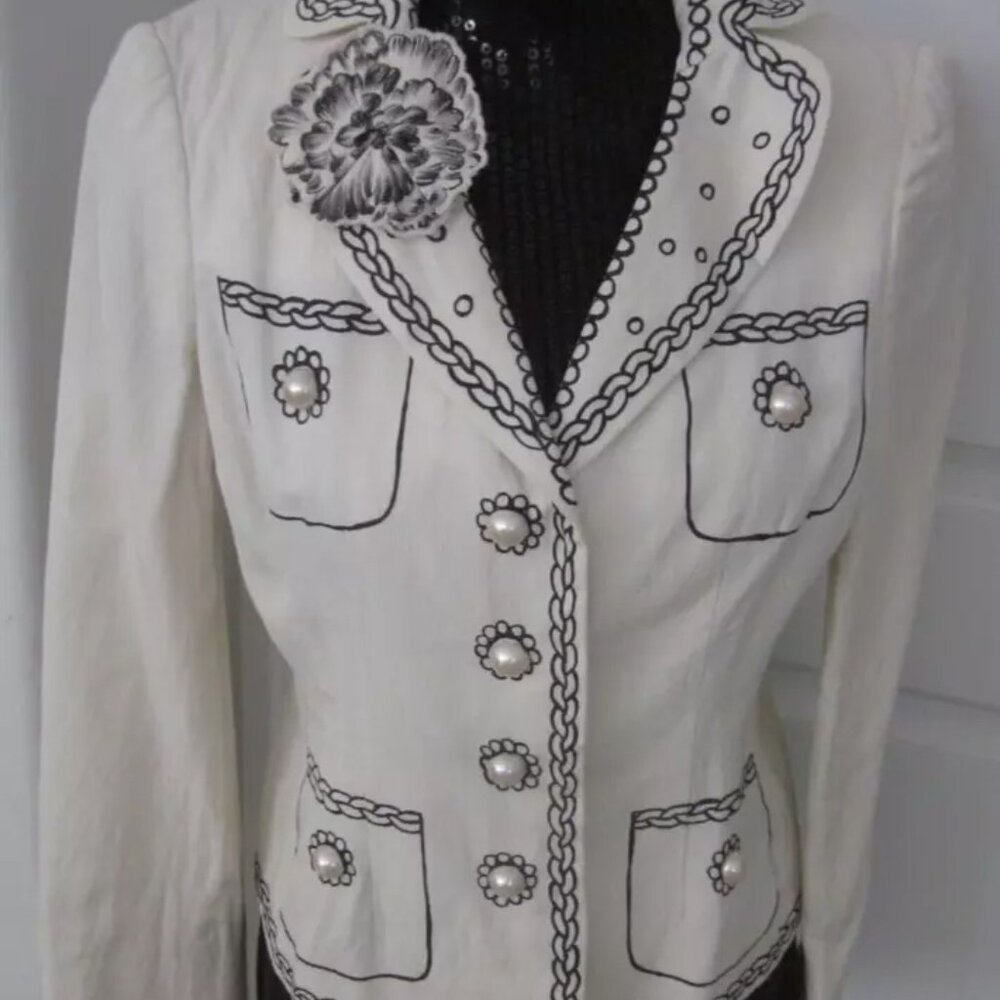 Moschino Italian Ivory Trompe L'oeil Rope Chain Pearl Trim Jacket IT42 USA 8